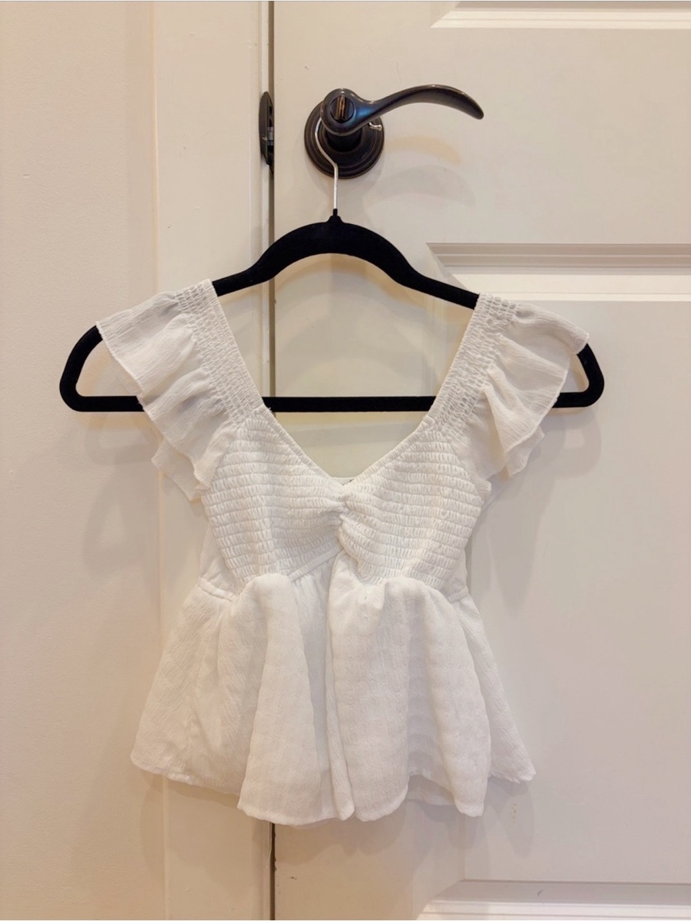 Francesca's Collections White Smocked V-Neck Ruffle Peplum Crop Top
